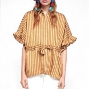 Zara Mustard Yellow Striped Peplum Blouse Sz XS